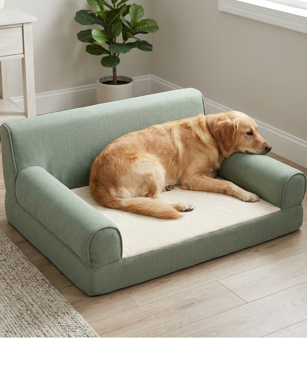 Rostl Large Three-Sided Bolster Dog Bed 105 x 75 cm Sage - Lifestyle view